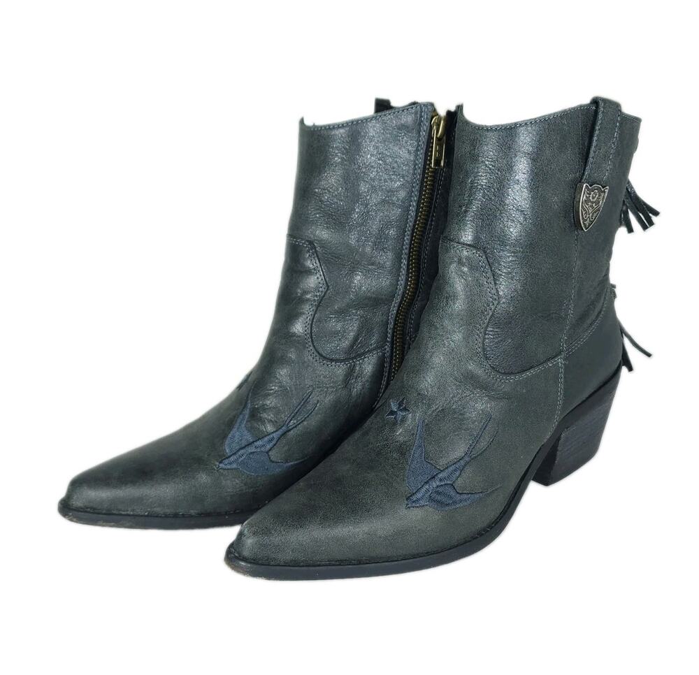 Bala Di Gala Women's US 9 Gray Leather Side Zipper Tassels Ankle Western Boots